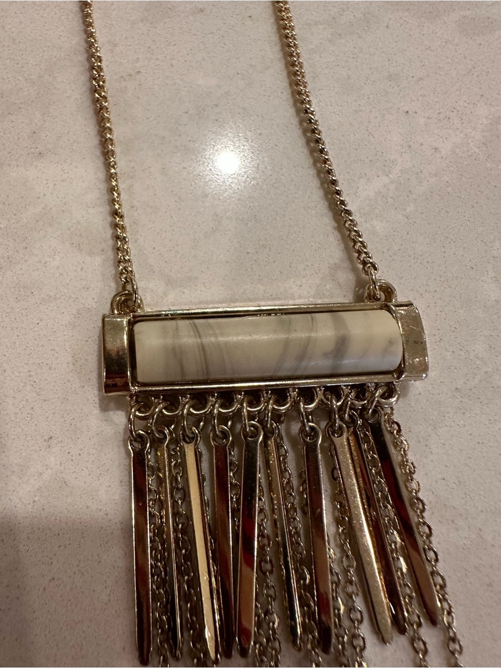 Gold-Tone Fringe Pendant Necklace with Marbleized Bar